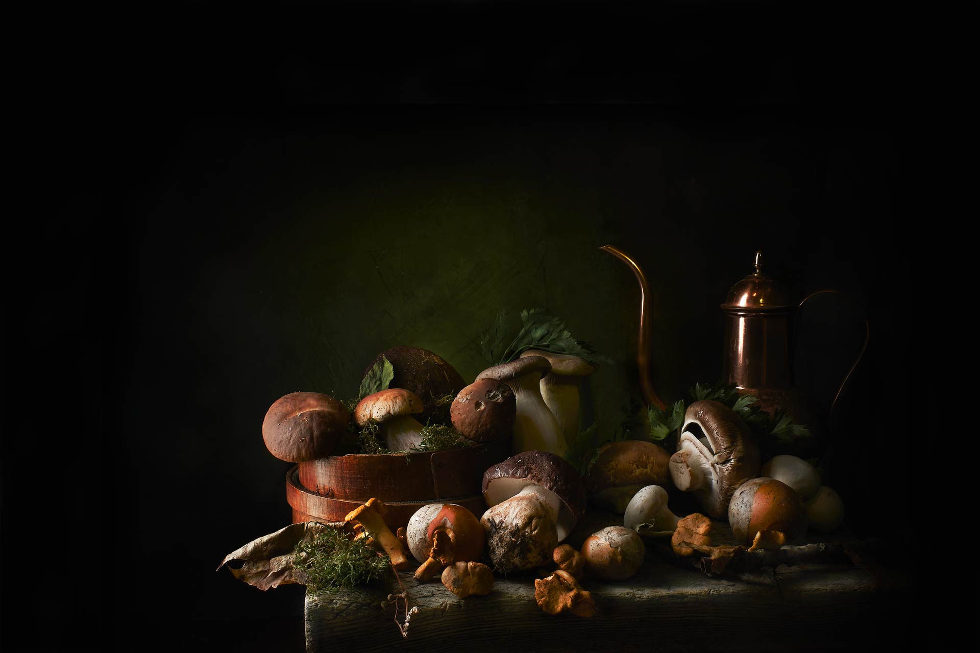 Still-Life pittorico composizione di funghi e oliera