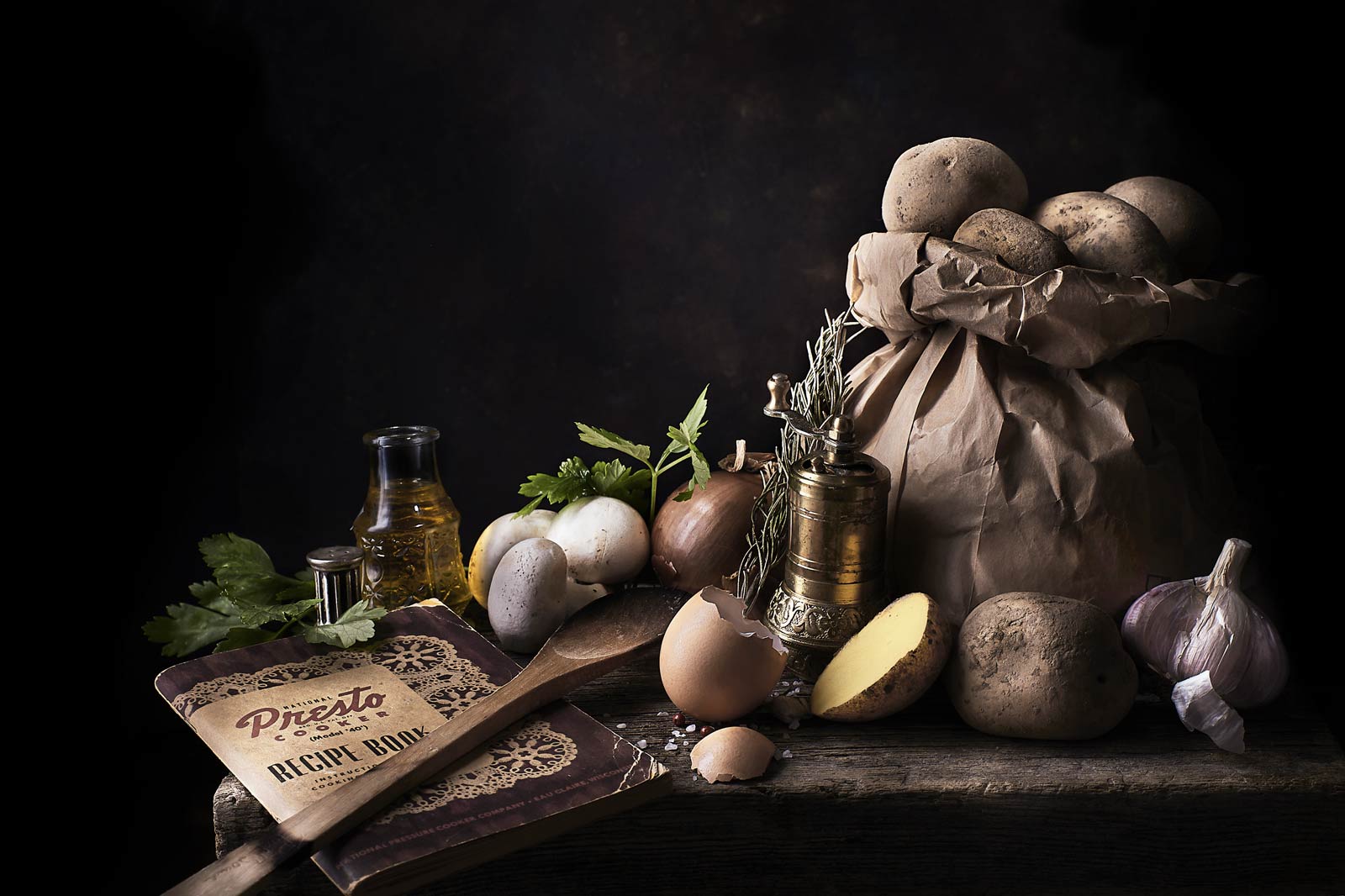 Still-Life pittorico ricetta scompèosta patate e funghi